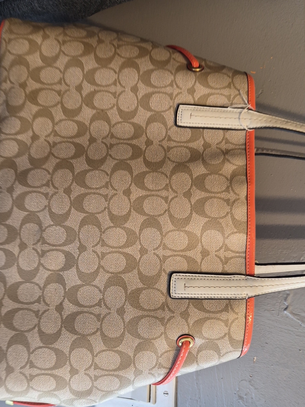 Coach Khaki Signature Canvas Tote with Orange Trim and White Handles